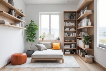 Modern Living Room with Built-In Bookcases, a Daybed, and Plants