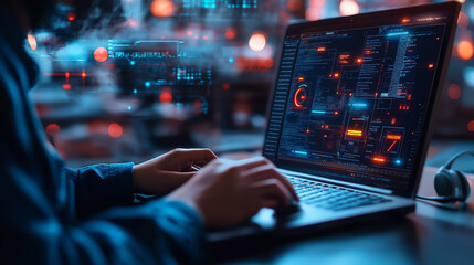 Customer service technical support concept featuring a software engineer delivering digital assistance and resolving software issues in a contemporary setting