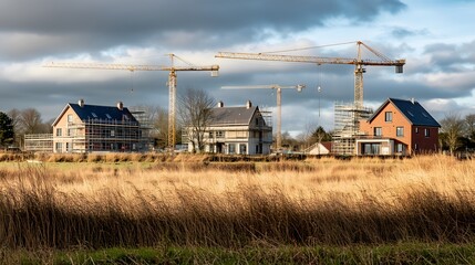 Obraz premium A photograph of modern new-build townhouses with large cranes and scaffolding on the roofs
