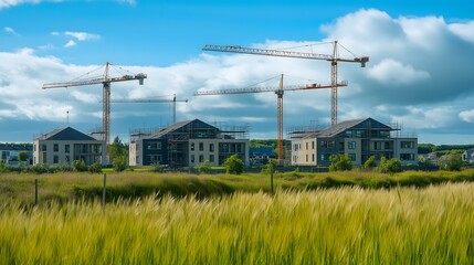 Obraz premium A photograph of modern new-build townhouses with large cranes and scaffolding on the roofs