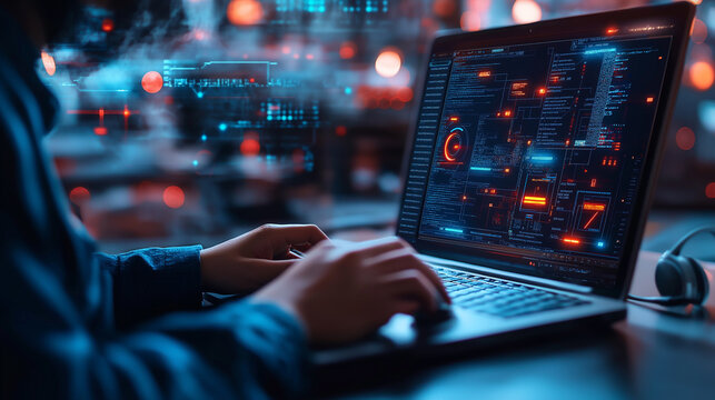 Customer service technical support concept featuring a software engineer delivering digital assistance and resolving software issues in a contemporary setting