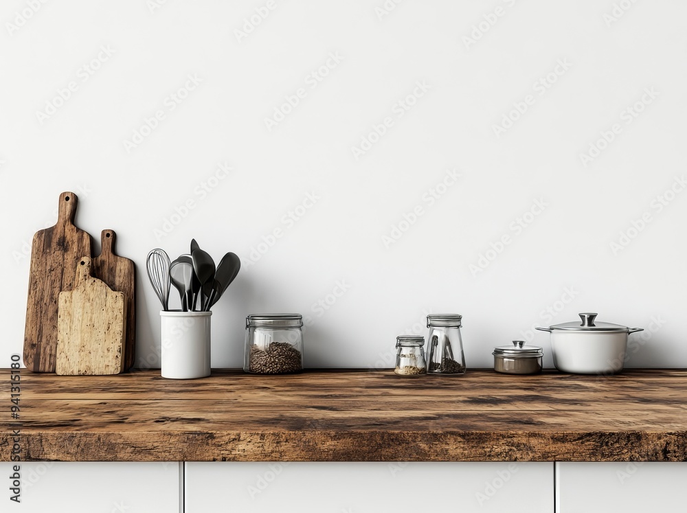 Canvas Prints Kitchen interior with shelves, kitchenware, and cooking area in white