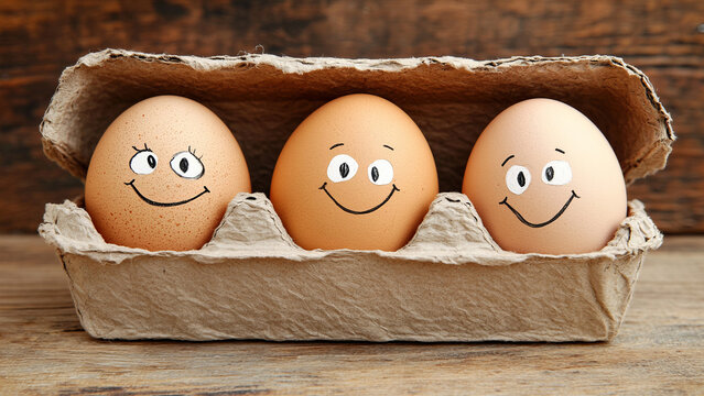Cartoon eggs with smiling faces and musical notes drawn above, singing in a carton - Powered by Adobe
