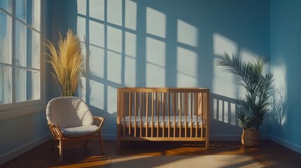 The baby's room features a white crib and a blue wall with natural accents.