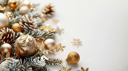 Merry Christmas and New Year. Festive composition. Beautiful Christmas design. Fir branches, shiny golden balls, confetti and baubles. Christmas background.