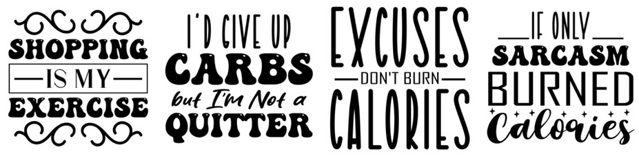 Colourful Workout Quotes, Typography Set Vector Illustration for Holiday Cards, Packaging, Stationery