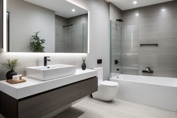 Modern Bathroom with White Sink, Bathtub, and Toilet
