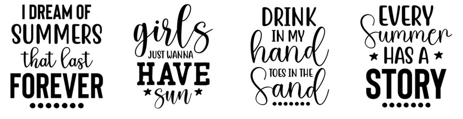 Classic Summer Quotes, Calligraphy Set Vector Illustration for Mug Design, Sticker, Packaging