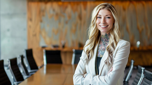 Heavily tattooed smiling business woman in a blazer