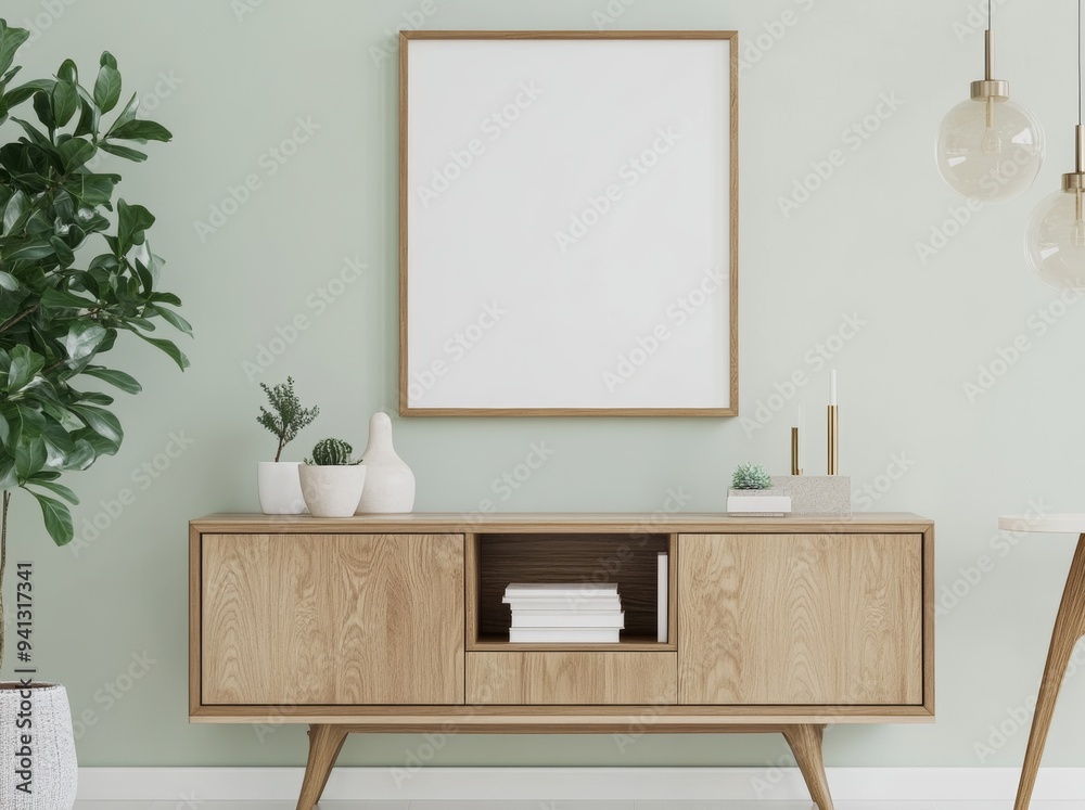 Sticker mockup frame of green home living room with sideboard and decorations