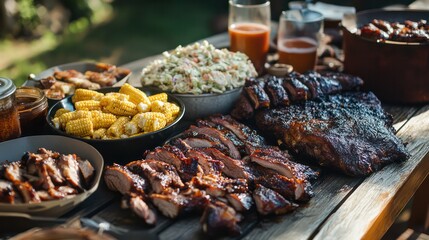 A barbecue feast with smoked meats, corn, and coleslaw, the table overflowing with the delicious results of hours of smoking.