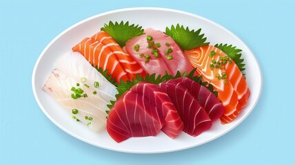 Sashimi with artistic garnish, elegant presentation, flat design illustration