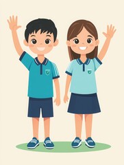 Fototapeta premium Cute primary school students' summer sports uniform, light blue and navy with white stripes on the sleeves