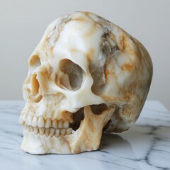 Naklejka premium A white and brown skull is sitting on a marble countertop