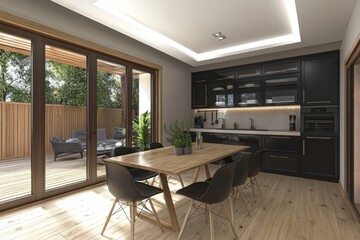 Fototapeta premium Kitchen with dining table in white and wood