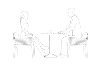 Outline of man and woman sitting on chairs opposite each other at the table. Job interview. Side view. Vector illustration.