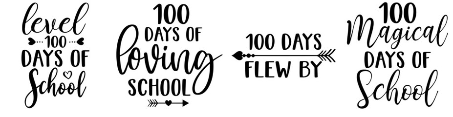 Elegant 100 Days Of School Typographic Emblems, Calligraphy Collection Vector Illustration for Label, Holiday Cards, Announcement