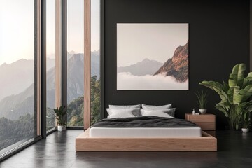Fototapeta premium Mock up frame of modern hotel bedroom with bed and panoramic window.