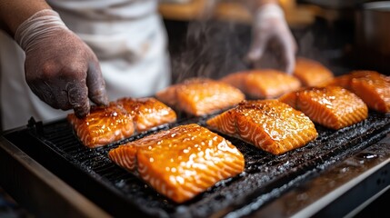 A chef carefully arranges salmon fillets in a smoker, ensuring each piece is evenly coated with a honey glaze for a perfect finish.