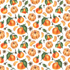 Tangerines with whole leaves and slices with spices, star anise and cloves. Watercolor illustration, hand drawn. Winter, Christmas seamless pattern on a white background.