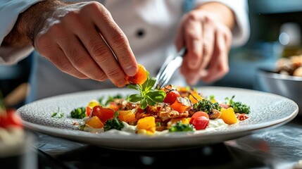 A chef carefully preparing a high-end vegan meal, focusing on presentation, flavor, and innovative use of plant-based ingredients