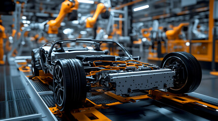 Fototapeta premium Photorealistic A highly detailed view of an electric vehicle chassis on a factory floor, with visible wiring, battery packs, and suspension systems. The factory is well-lit