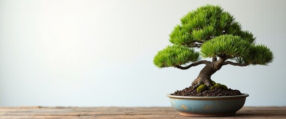 Miniature Bonsai Tree Serene Symbolizing Balance Against Minimalist Background with Copy Space