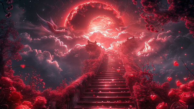 Staircase to heaven adorned with red roses and floating hearts leading to the clouds