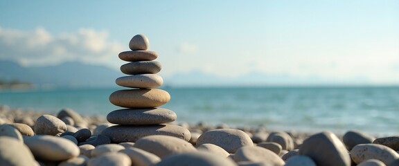 Balanced Stone Stack Radiating Calmness on Peaceful Beach with Copy Space