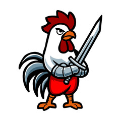 a cartoon drawing of a rooster with a sword and shield.