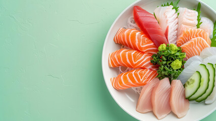 Sashimi plate with garnish, artistic presentation, flat design illustration