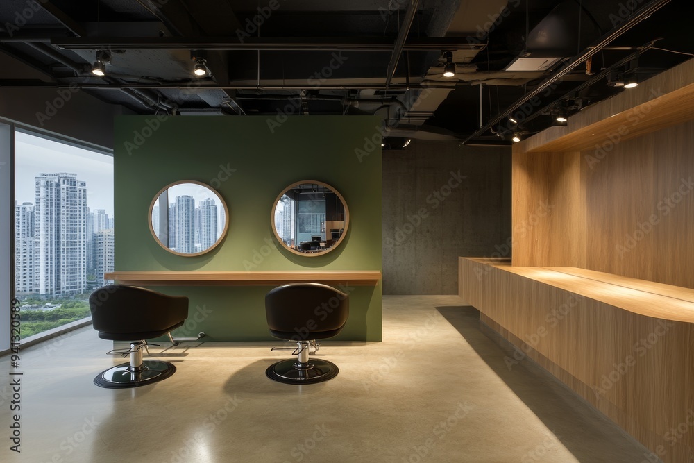 Wall mural A stylish salon interior with circular mirrors and a panoramic window