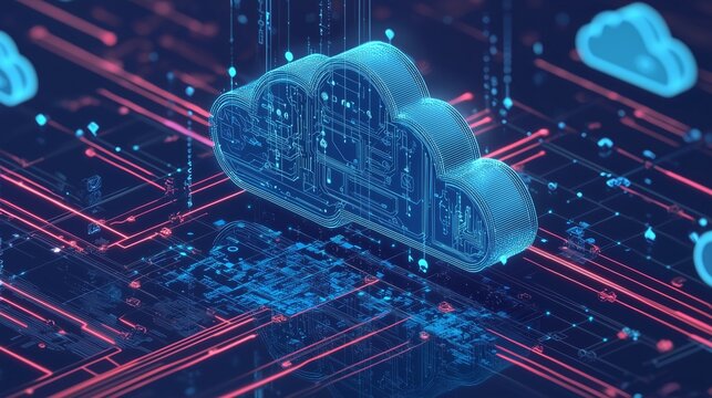 Cloud computing and data integration visualized with digital cloud icons and circuit-like connections.