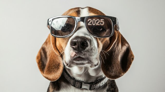 A beagle dog wearing new year glasses with the word "2025" on white background, a modern concept for happy new year celebrations, and a cute pet animal dressed in a festive costume celebrating