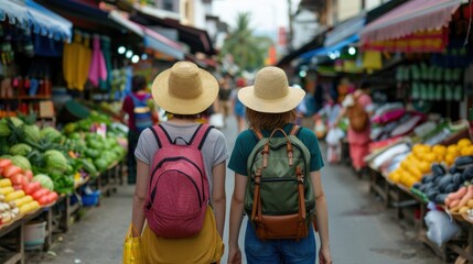 Obraz premium Tourists Exploring Vibrant Local Market with Backpacks