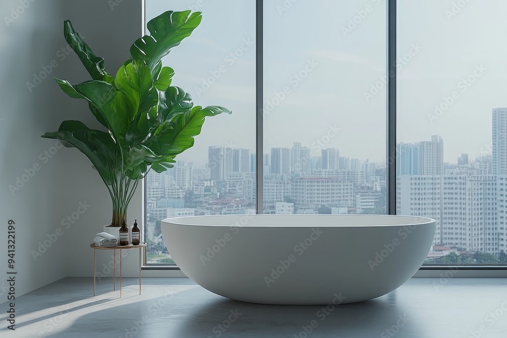 Poster A mockup of a home bathroom interior with a tub, table with accessories, and a window.