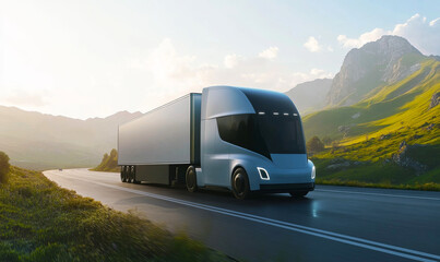 Futuristic Electric Semi-Truck with a blank side view, showcasing a placeholder advertisement space