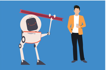 The boy stands next to the robot.