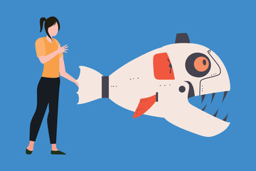 The girl is looking at the robotic fish.