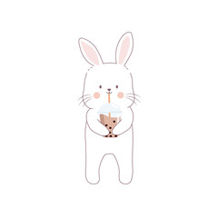 a cute white rabbit  drinking bubble milk tea