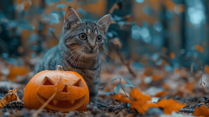 At Night, kat and Glowing Jack-o-Lantern in a Halloween Forest