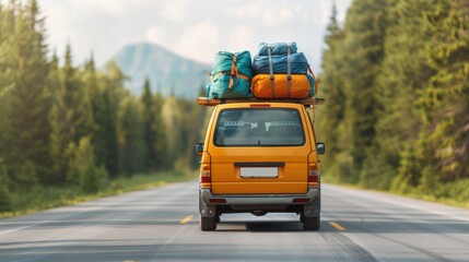 Obraz premium Van packed for road trip driving through forest