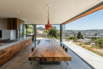 A stylish kitchen interior with a bar island and an eating area close to a window