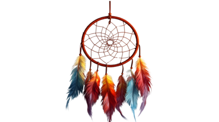 A colorful dreamcatcher with vibrant feathers hanging from a woven web, symbolizing protection and tradition, perfect for adding a touch of bohemian decor to any space.