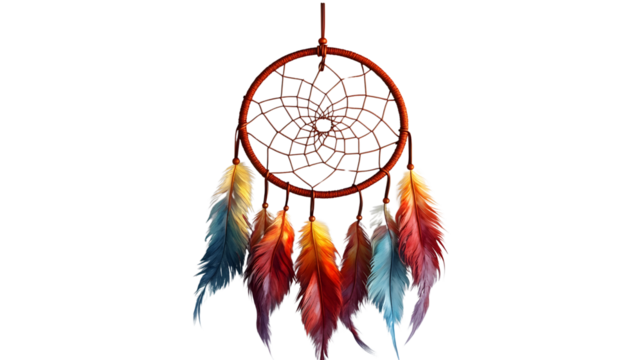 A colorful dreamcatcher with vibrant feathers hanging from a woven web, symbolizing protection and tradition, perfect for adding a touch of bohemian decor to any space.