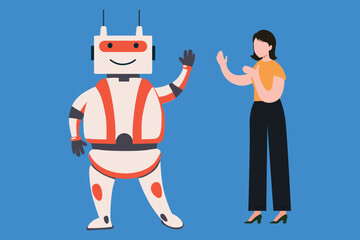 The girl is standing next to the robot.