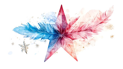Obraz premium A vibrant feather starburst design in pastel hues, featuring a central glittering star, ideal for festive decorations or creative art projects.