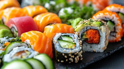 A colorful platter of vegan sushi rolls, featuring vibrant ingredients like avocado, cucumber, and carrot.