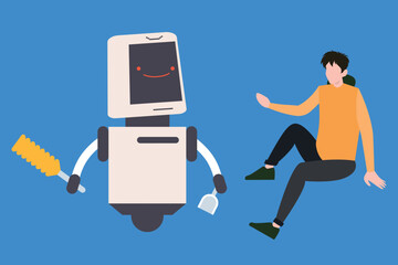 The robot is holding a cleaning brush.