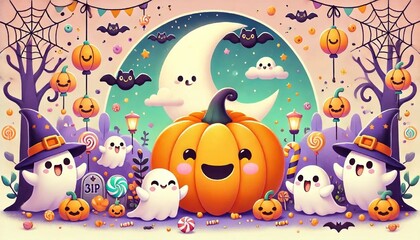 Obraz premium A cute and playful Halloween illustration featuring a cheerful pumpkin with a smiley face, small friendly ghosts, and playful bats flying around. 